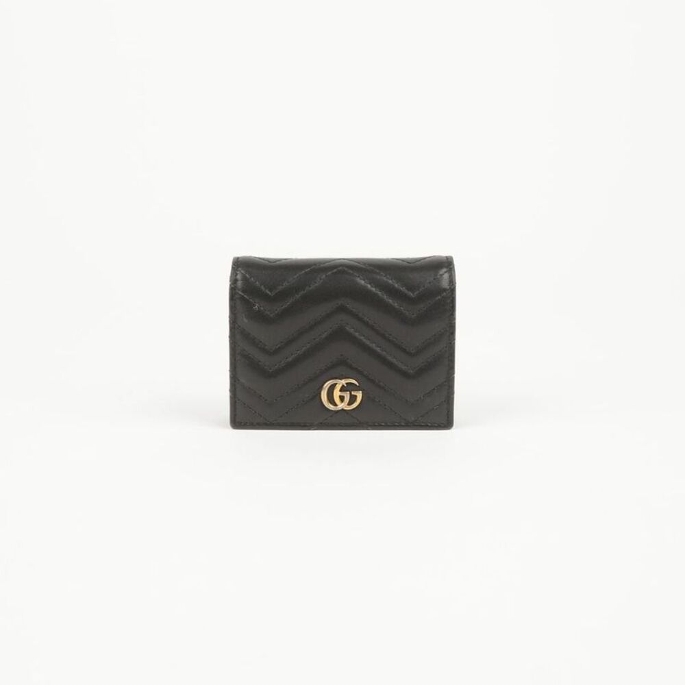 Black Matelassé Leather Gg Marmont Card Case Wallet - Picture 1 of 10